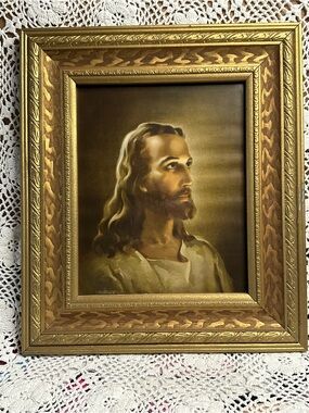 Vintage Warner Salma “Head of Christ” framed Lithograph Print, Catholic Art